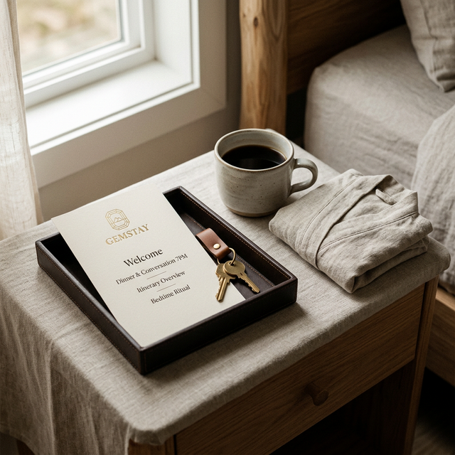 GemStay welcome, leather tray, itinerary card, ceramic cup, folded robe